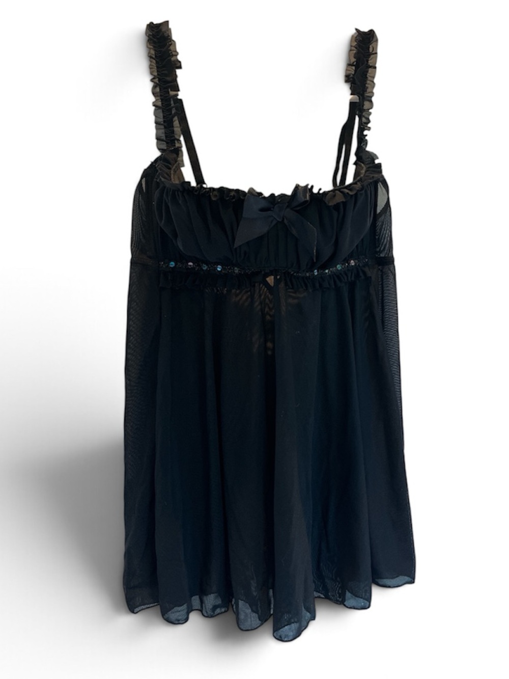 Fredericks of Hollywood Black Babydoll Sequin Lace Mesh Padded Bra Top M